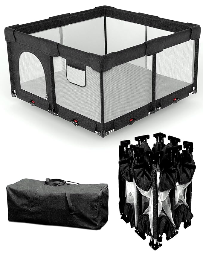Foldable Baby Playpen with Non-Removable Thick Mat, Extra Large Collapsible Play Yard for Babies & Toddlers, Portable Travel Playpen with Gate, Safe Activity Center (51"×51" Black)