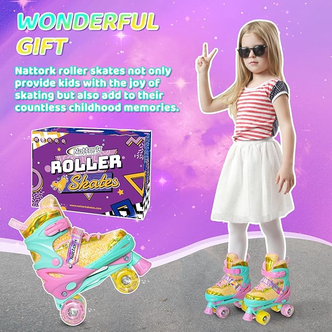 Nattork Kids Roller Skates for Girls Kids, 4 Sizes Adjustable Girls Roller Skates for Ages 3-12 with Light up Wheels & Safety Protection - Cool Birthday Gift for Indoor Outdoor Sports
