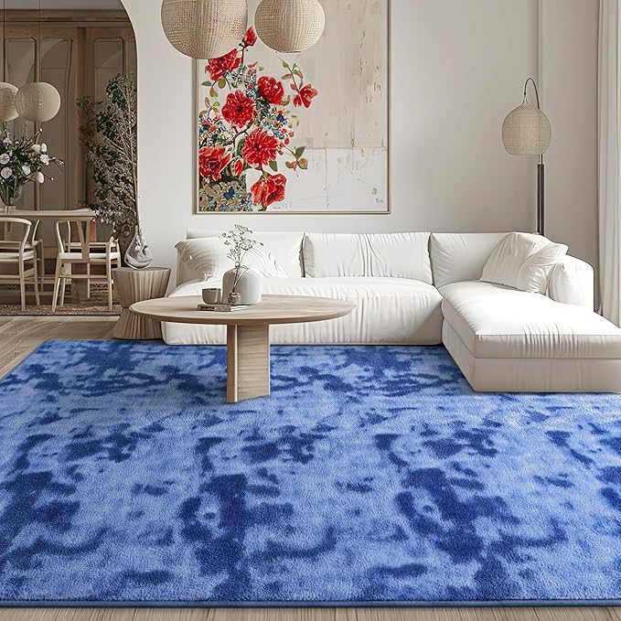 Kimicole 6x9 Washable Area Rugs for Living Room Bedroom, Large Low Pile Ulta-Thin Solid Color Rug, Non-Slip Soft Fluffy Carpet for Nursery Kids Room Dorm Room Home Decor (Blue)