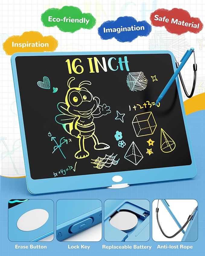 KOKODI LCD Writing Tablet, 16 Inch Colorful Toddler Doodle Board Drawing Tablet, Erasable Reusable Electronic Drawing Pads, Educational and Learning Toy for 3-6 Years Old Boy and Girls
