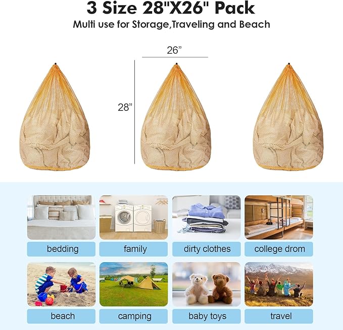 3Pcs Mesh Laundry Bags Washing Machine Mesh Wash Bags Jumbo for Delicates Clothes,Bed Linen,Toys with Drawstring Closure Sturdy(3 XXLarge 28 x 26 Inches, Yellow)
