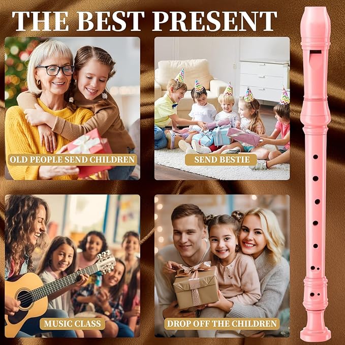 Soprano Recorder Instrument for Kids Beginners Student German Fingering C Key Recorder Instrument 3 Piece with Cleaning Rod and Bag Fingering Chart (Bright pink)