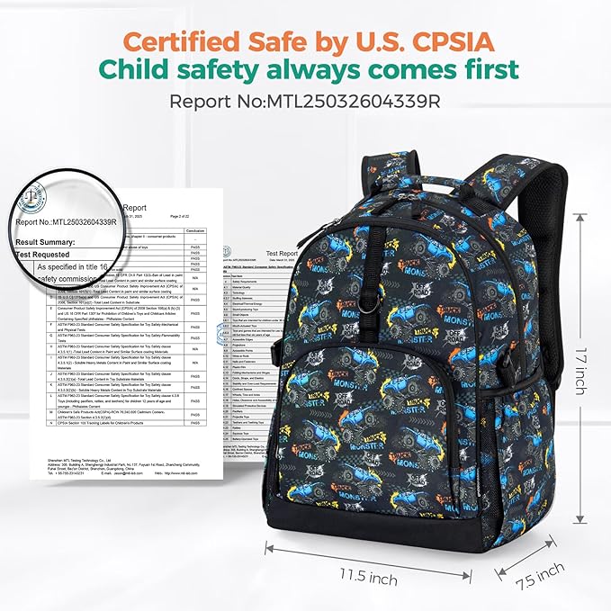 Choco Mocha Truck Backpack for Boys, Elementary School Backpack for Boys Ages 6-8 Kids Kindergarten Backpack Bookbag 17 Inch with Chest Strap, Orange