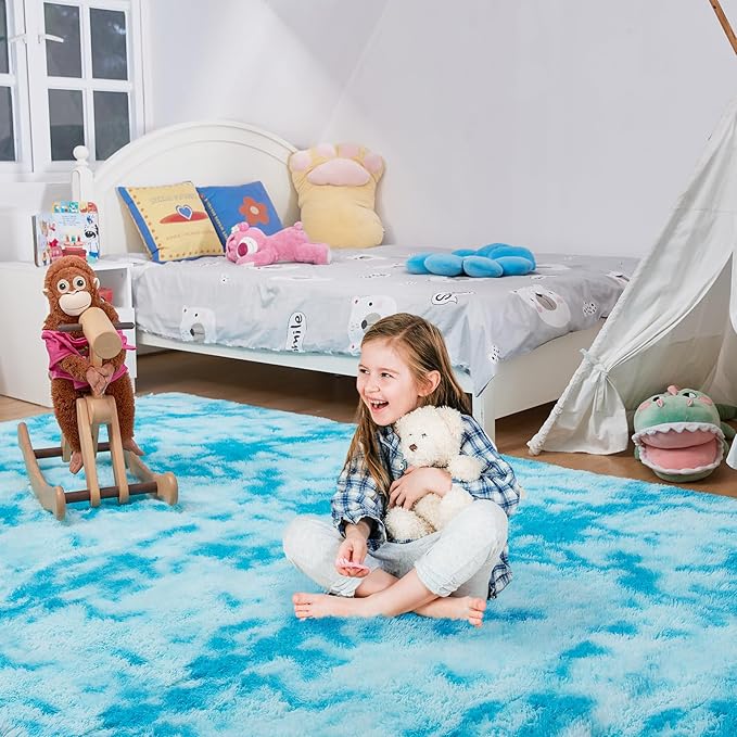 Ultra Soft Rug for Living Room, 4X6 Fluffy Shag Area Rug for Bedroom, Modern Shaggy Carpets Fuzzy Rug for Teens Dorm Nursery Home Decor Aesthetic, Upgrade Anti-Skid Durable, Tie-Dyed Blue