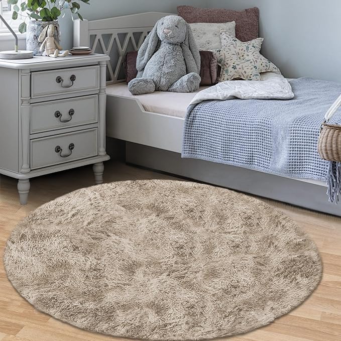 4FT Round Rug for Bedroom: Fluffy Shag Soft Washable Rugs Circle Small Fuzzy Plush Indoor Carpet for Living Room Nursery Playroom Dorm Kids Girls Boys Room (Camel, 4'x4')