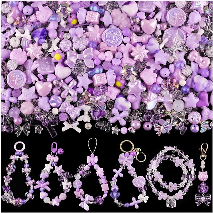 Assorted 170-230PCS Purple Acrylic Beads for Bracelet Making, Flower Bow Butterfly Candy GummyBear Aesthetic Bracelet Charms,Cute Beads for Jewelry Making DIY Necklace Keychain Phone Charm