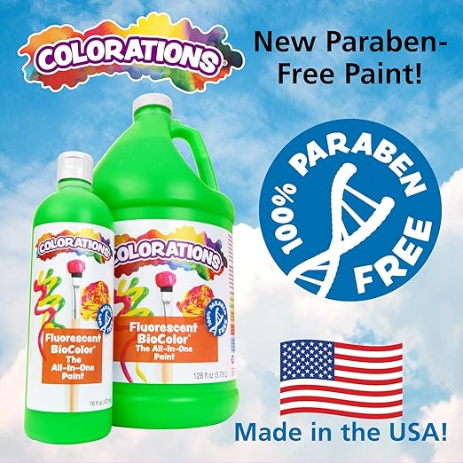 Colorations BioColor Paint, Fluorescent, 16 oz, Set of 9, Washable, Non-Toxic, Kids Paint, School Art Supplies