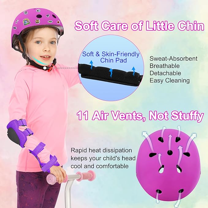 Kids Bike Helmet with DIY Stickers and Knee Pads Elbow Pads Wrist Guard Set for Ages 3-8-14 Toddler Boys Girls Helmet for Roller Skates Cycling Skateboarding Bicycle Scooter
