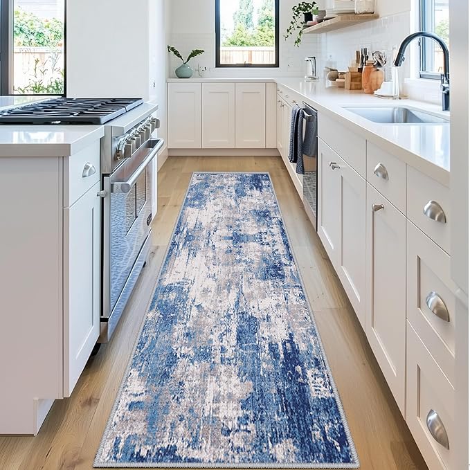 Washable Area Rugs 2'x6' Non-Slip Modern Abstract Soft for Living Room Entryway Bedroom Nursery, Print Pattern, Blue Grey Navy Gray