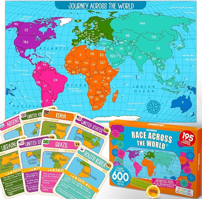 QUOKKA Board Games for Kids 8-12 - Family Games for Kids and Adults - Journey Across The World Card Game Ages 5-9 - Learn Capitals, Flags, Facts, and Map Locations with 195 World Map Cards
