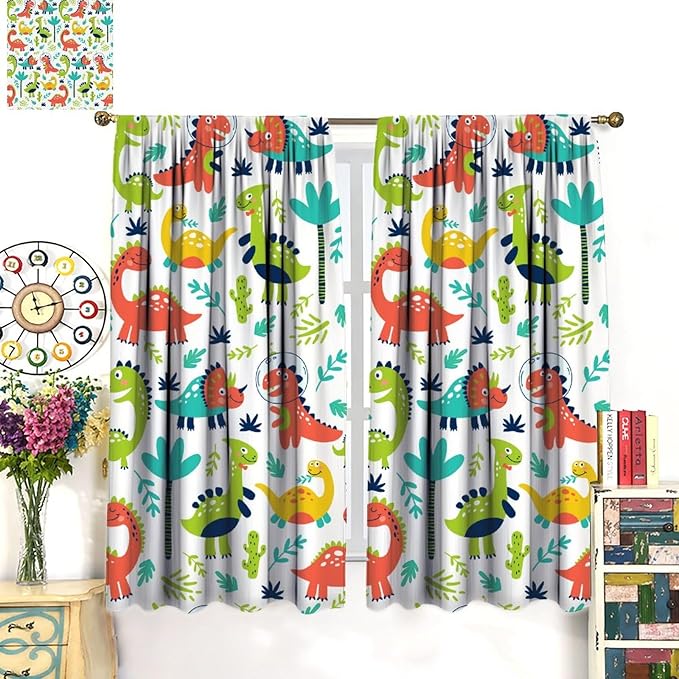 Rustic Dinosaurs Curtains Colorful Dino Kids Boys Cartoon Cute Cool Funny Decor Printed Blackout Rod Pocket Window Drapes for Living Room Bedroom W21xL54in 2 Panels