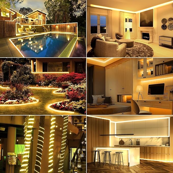 Connectable 66ft 800 LED Rope Lights Outdoor, Warm White Strip Lights Plug in, Outdoor String Lights Waterproof Decorative Lighting for Deck Patio Yard Garden Pathway Pool Camping Room Indoor Décor