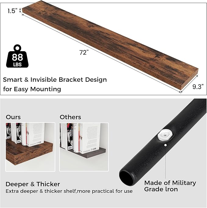 Floating Shelves for Wall, Large Wall Mounted Shelves with Invisible Brackets, Long Wood Floating Shelf for Living Room, Bedroom, Kitchen, (Brown, 72" W x 9" D x 1.5" H)