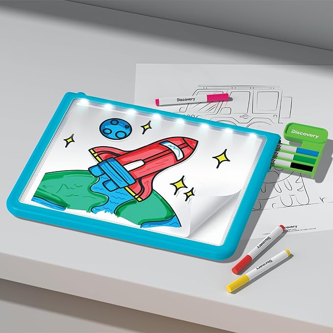 Discovery™ Glow Tracing Light-Up Art Tablet – Includes 10 Templates, 10 Blank Sheets, 6 Washable Markers| Writing Drawing Tablet for Kids| Craft Kit for Boys Girls| Doodle Board Drawing Pad Toy Gift