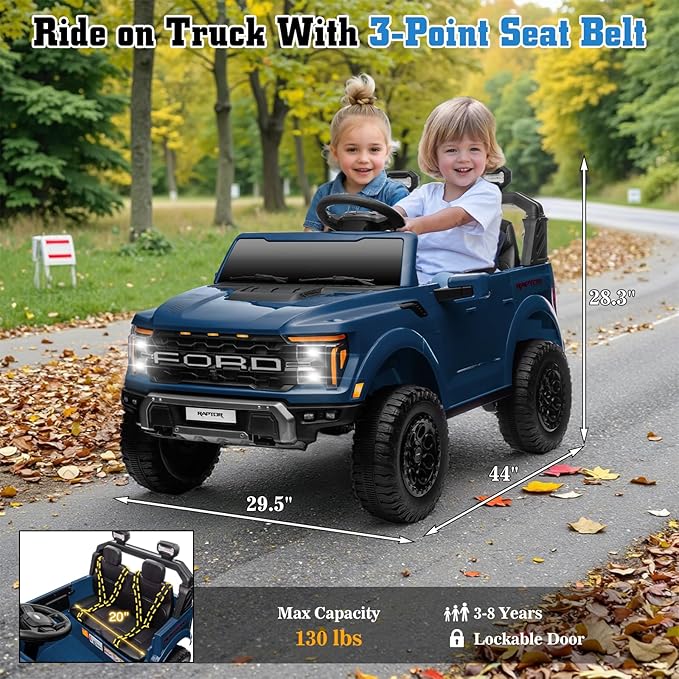 24V Ride on Car Licensed Ford F-150 Raptor, Kids Electric Car with Remote Control, LED Light/Music/MP3, Truck Bed Storage, 3-Point Seat Belt (24V, Blue)