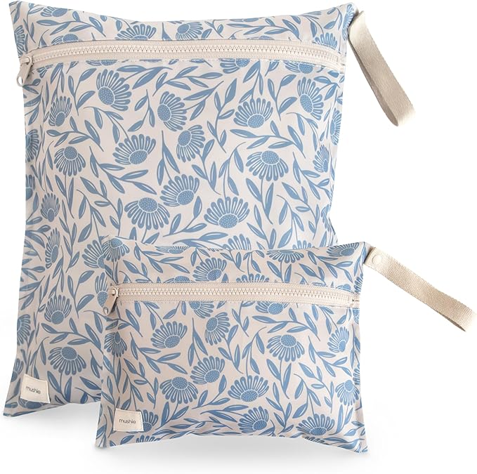 mushie Water Resistant Wet Bags | Large & Small Reusable Storage Bag for Baby Items and Travel | Zippered Pockets with Handle | Machine Washable, Set of 2 (Blue Flowers)