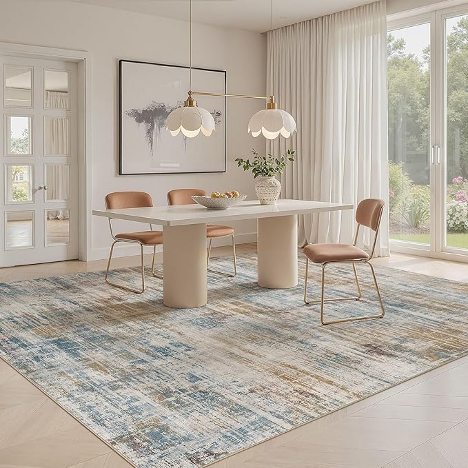 Area Rug for Living Room: 12x15 Washable Neutral Abstract Modern Soft Rugs Non Slip Indoor Floor Stain Resistant Large Carpet for Bedroom Dining Room Office Nursery - Blue Brown