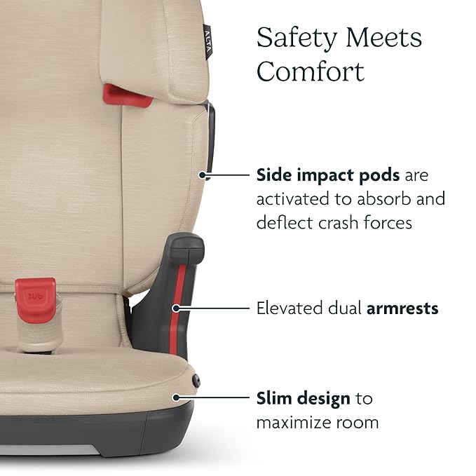 UPPAbaby Alta V2 High Back Booster Seat/Seven-Position, Active Support Headrest for Growing Children/SecureFit Integrated Belt Guide + Positioner/Cup Holder Included/Kavneer (Almond Mélange)