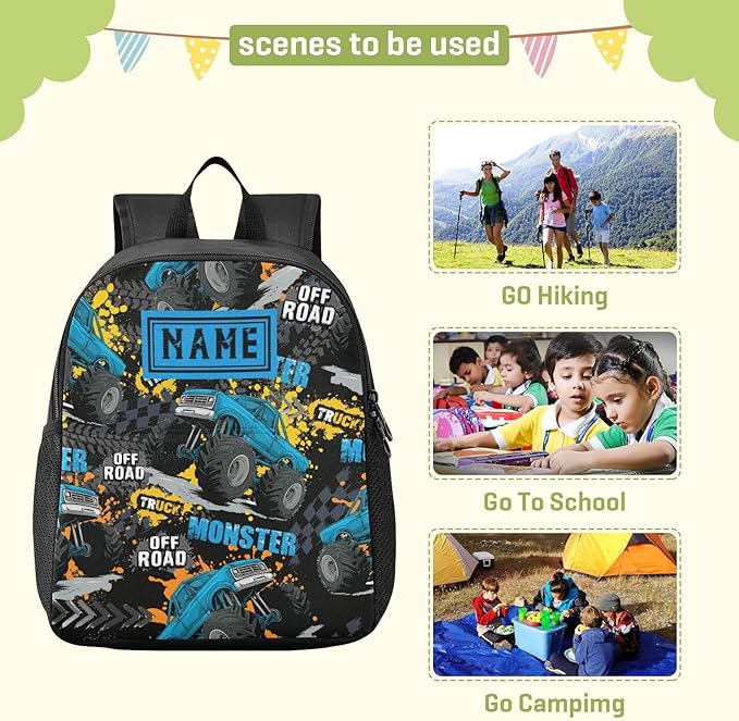 Toddler Monster Truck Waterproof Mini Backpack, 11 Inch, Pattern 4, Black, Small