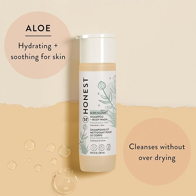 The Honest Company 2-in-1 Cleansing Shampoo + Body Wash for Sensitive Skin | Gentle for Baby | Naturally Derived, Tear-free, Hypoallergenic | Fragrance Free, 10 fl oz