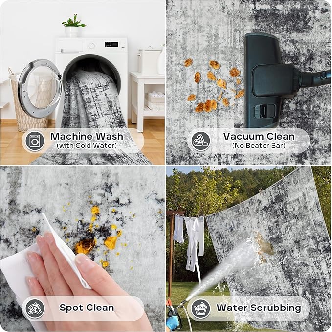 8x10 Area Rugs for Living Room Rug Washable: Modern Large Rug for Dining Room Bedroom Carpet Non Slip 8 by 10 Indoor Abstract Nursery Home Office Black Grey