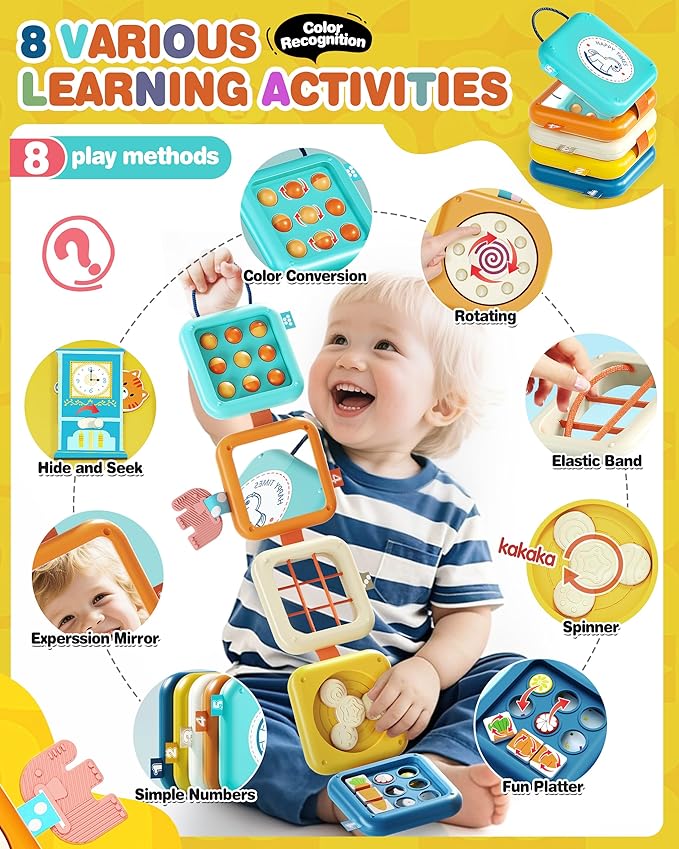 Busy Board for 1 Year Old, Travel Toys for Toddlers 1-3, 8 in 1 Montessori Activity Cube Toy for Babies in Airplane Car Stroller, Sensory Education Birthday Gifts for 1 2 Year Old Boy Girl Infant