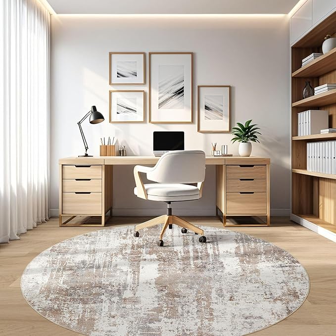Round Rug Living Room Rugs: 5Ft Washable Circle Large Abstract Modern Soft Stain Resistant Non Slip Indoor Floor Carpet for Bedroom Nursery Office Dining Room Dorm Home House Decor- Brown