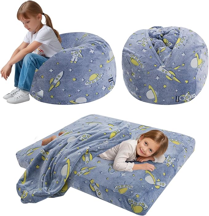 COMAX Kids Bean Bag Chair Turn into Beanbag Bed, Toddler Bean Chair for Girl Boy Sleeping, Lazy Children Bean Bags with Filler, Convertible Child Floor Mattress, Blue Universe