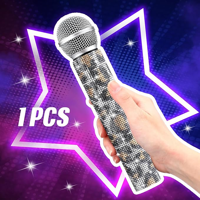 Sanwuta Fake Microphone Prop Sparkly Bling Rhinestones Plastic Play Microphone Pretend Glitter Bedazzled Mic for Cosplay Party Costume(Leopard)