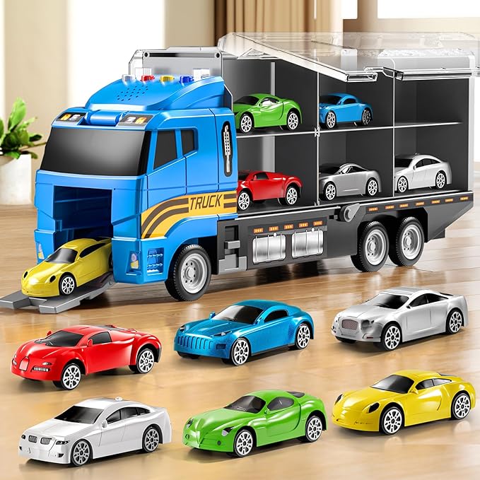 Toddler Boys Toys for 3 4 5 6 Years Old, Truck Vehicle Set with Play Mat and Die-Cast Toy Car, Transport Carrier Truck for Kids, Birthday Gifts Toys for 3 4 5 6 7 8+ Year Old Boys