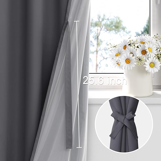 XWZO 100% Blackout Curtains 95 Inches Long with Tiebacks- Rod Pocket Privacy Protection & Noise Blocking Window Draperies with Black Liner for Bedroom/Living Room, Dark Grey, W52 x L95, Set of 2