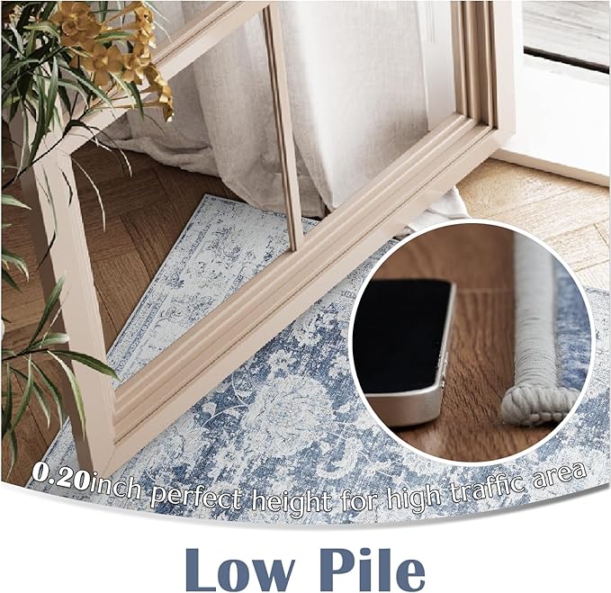 jinchan Runner Rug 2x6 Washable Hallway Runner - Vintage Floral Non Slip Low-Pile Soft Thin Kitchen Rug Distressed Carpet for Farmhouse Bedroom Entryway Laundry Room(2x6ft,Dark Blue)