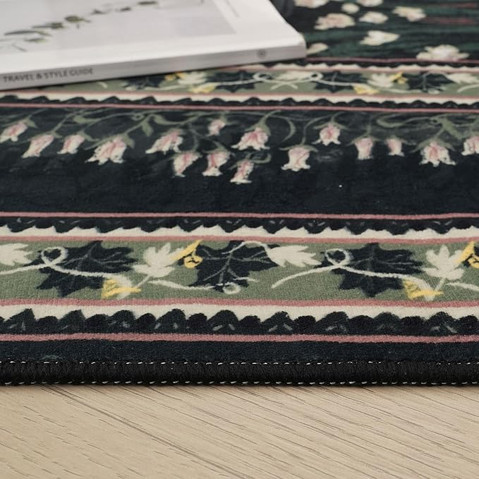 5x7 Area Rugs Impressionist-Style Vintage Washable Area Rug Non Slip Low Pile Large Rugs for Living Room Bedroom Farmhouse Dining Room Kids Playroom, Green