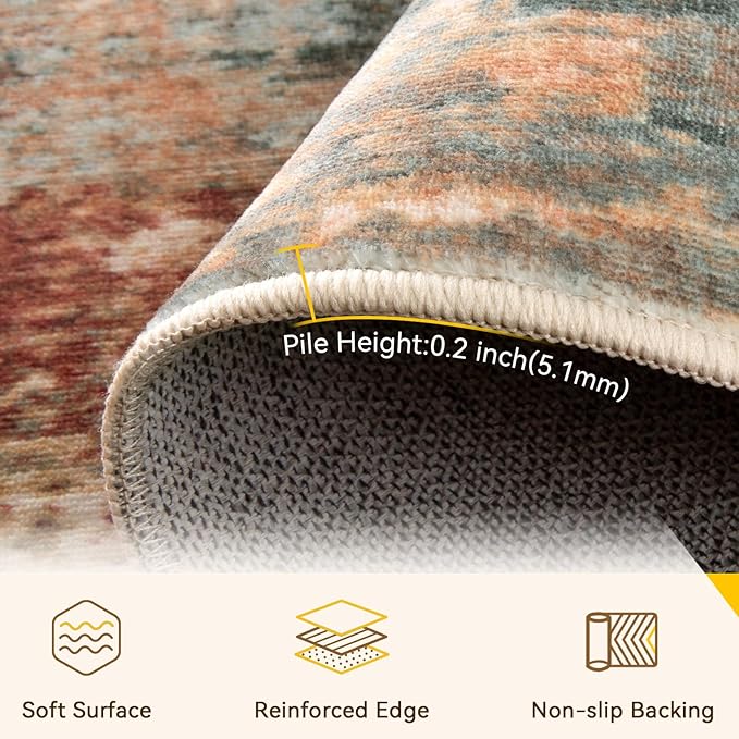 Washable Area Rugs 6ft Non-Slip Modern Abstract Soft for Living Room Entryway Bedroom Nursery, Print Pattern, Brown Rust Red Multi