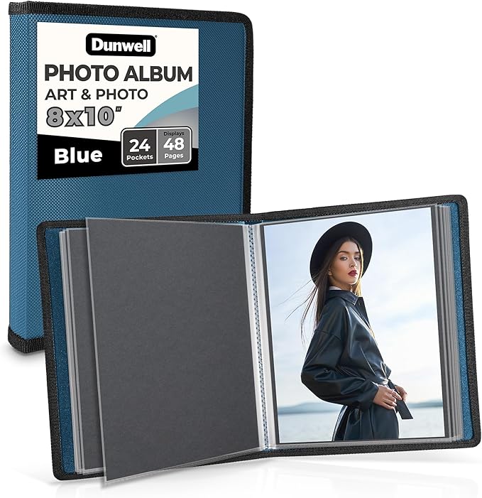 Dunwell Photo Album 8x10 (Blue) with Black Mounting Paper, 8 x 10 Photo & Art Portfolio Presentation Book, 24 Clear Sleeves, Each Shows 48 Pages, Professional Photography Book for Pictures, Artwork