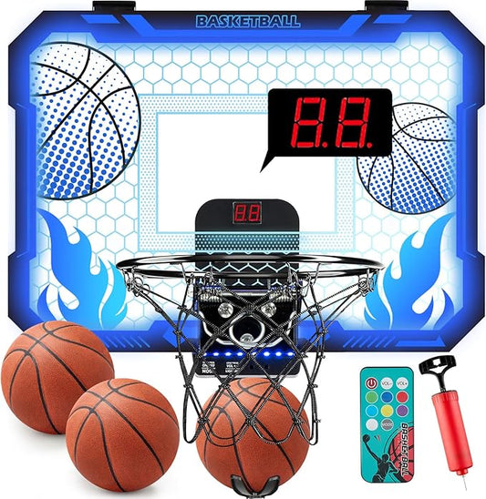 Indoor Basketball Hoop for Kids with Led Lights Mini Basketball Hoop with Remote Control Over The Door Basketball Hoops with Scoreboard Basketball Toys for 4-12 Year Old Boys Girls