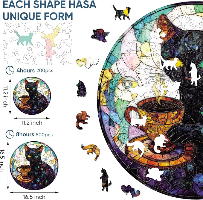 Wooden Puzzle for Adults, Black Cat Wooden Jigsaw Puzzles(16.5 * 16.5in-500pcs), Unique Animal Shape Wood Cut Puzzles Best Gift for Adults and Kids Family Game