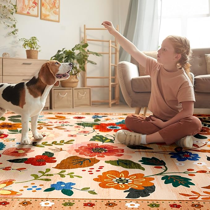 Floral 6x9 Area Rug Machine Washable Soft Print Boho Carpet Non Slip Doormat Low Pile Flower Area Rugs for Living Room Bedroom Nursery Kitchen Dining Room Indoor-Light Orange