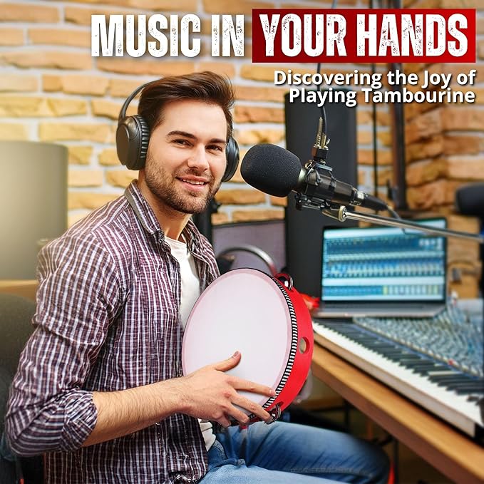 Flexzion Wooden Round Tambourine for Kids and Adults 8" Inch Single Row 8 Pair Jingles, Red Handheld Percussion Instrument for Beginner and Professional Tambourine Player