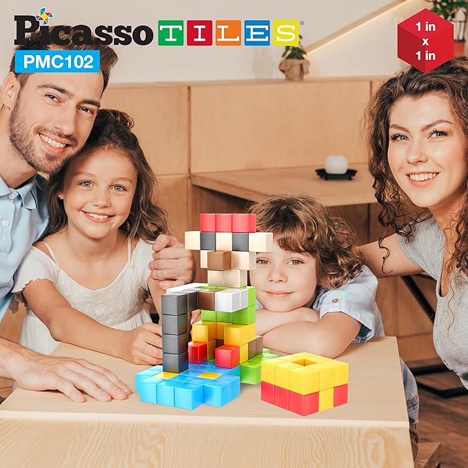 PicassoTiles 102pcs Pixel Magnetic Puzzle Cube 1” Pixel Mix & Match Toys with Ideabook STEM Education Learning Building Block Magnets Construction ToySet Stacking Creative Kit for Kids Age 3+ PMC102