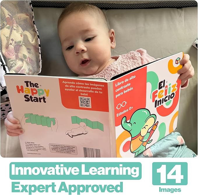 Happy Start Award-Winning High Contrast Board Book - Newborn Black & White Baby Cards, Easy to Clean, Hospital Approved, Stands on Its Own, Tummy Time Toy, Ages 0+ (Spanish)