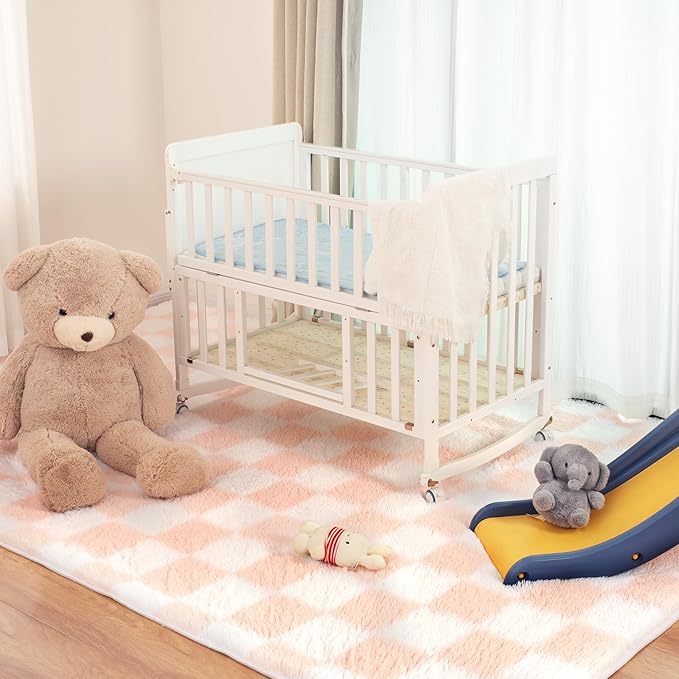 Super Soft Rug for Bedroom, 3x5 Ft Pink and White Area Rug Classic Checkered Shaggy Anti-Skid High Pile Soft Fluffy Rug Fuzzy Carpet for Living Room Bedroom Kids Room Nursery, Dorm Home Decor