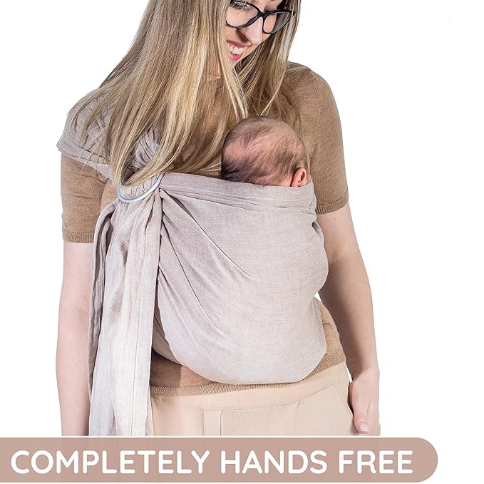 Baby Sling Carrier – Breathable 100% Cotton Wrap for Infant Support, Ring Sling Baby Carrier – Adjustable Muslin Fabric, Soft Chest Hold for Travel (Sand)