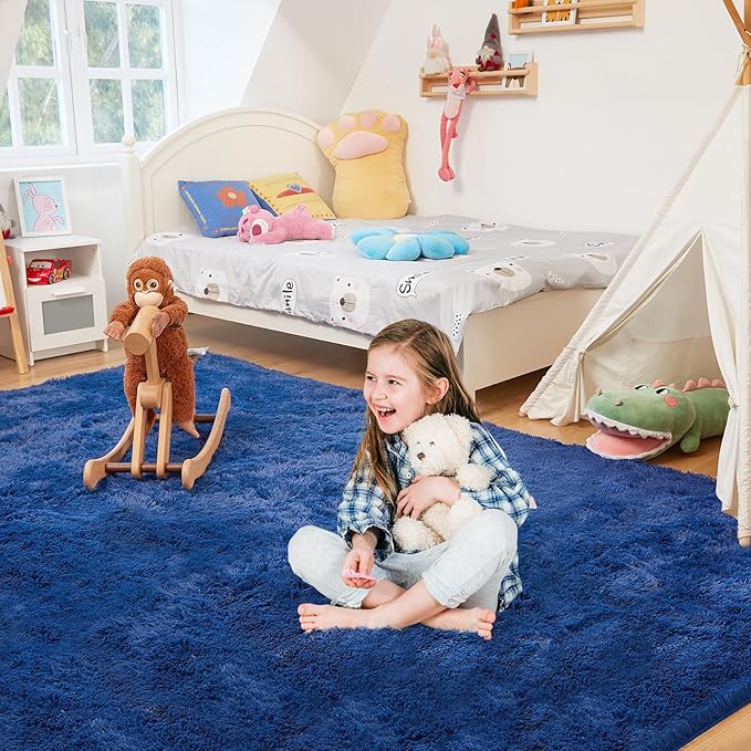 Ultra Soft Rug for Living Room, 3X5 Fluffy Shag Area Rug for Bedroom, Modern Shaggy Carpets Fuzzy Rug for Teens Dorm Nursery Home Decor Aesthetic, Upgrade Anti-Skid Durable, Blue