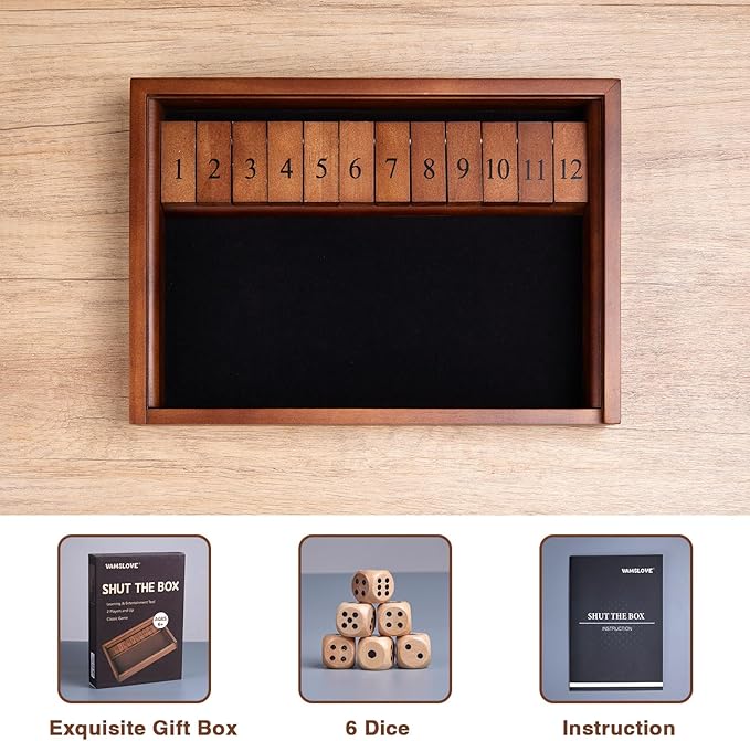 VAMSLOVE Shut The Box Dice Game Wooden Board Table Math Game for 2 Players and Up, 12 Numbers Close The Box with 6 Dice for Kids Adults Family (Instructions Included)