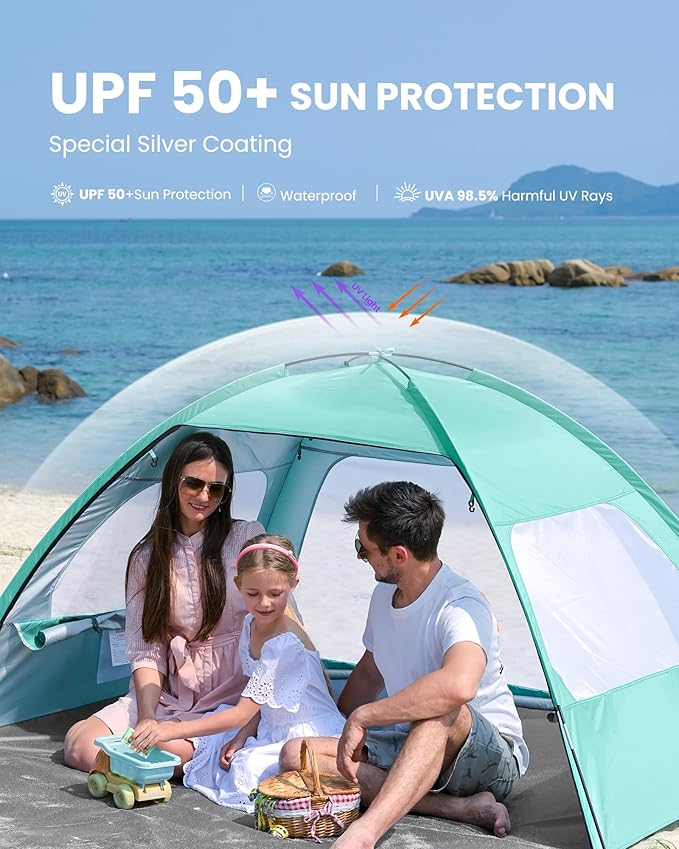 OutdoorMaster Beach Tent for 3/4 Person - Easy Setup Sun Shade Shelter, Portable Beach Shade Sun Canopy with UPF 50+ UV Protection, Removable Skylight Family Size