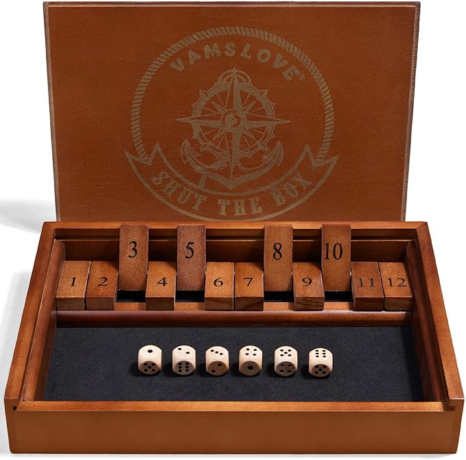 VAMSLOVE Shut The Box Dice Game Wooden Board Table Math Game for 2 Players and Up, 12 Numbers Close The Box with 6 Dice for Kids Adults Family (Instructions Included)