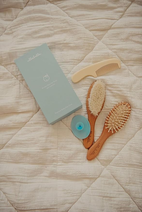 4 Piece Wooden Baby Hair Brush and Comb Set for Newborns & Toddlers in Chic Gift Box - Ultra Soft Natural Goat Hair and Wood Baby Brush Set Prevents Cradle Cap - Perfect Registry Gift (Blue)