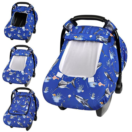 Pea Pod Car Seat Cover Baby, Infant Car Seat Canopy Covers for Newborn with 2 Layers Windows of Breathable Mesh Fabric, Lightweight Polyester/Soft Minky Dot Backing (Ocean)