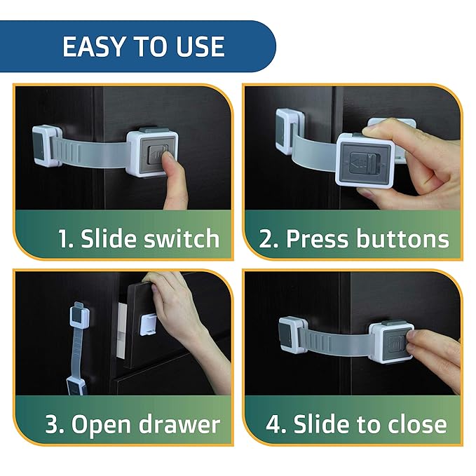 Child Safety Locks (4-Pack) - Baby Proof Cabinets, Drawers, Toilets & Appliances- Adjustable Strap Length, Double Lock Option - Easy Latch for Adults to Open
